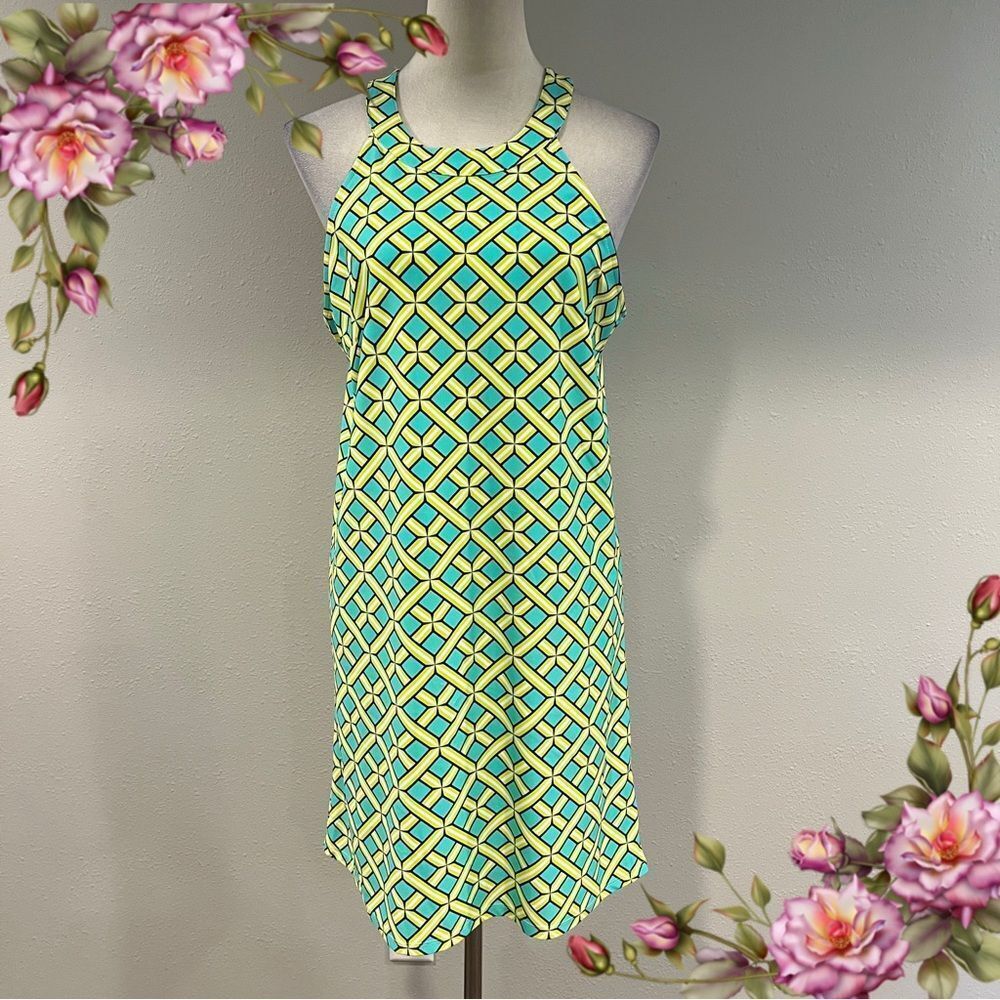 Sleeveless Geometric Mini Dress in Teal and Yellow